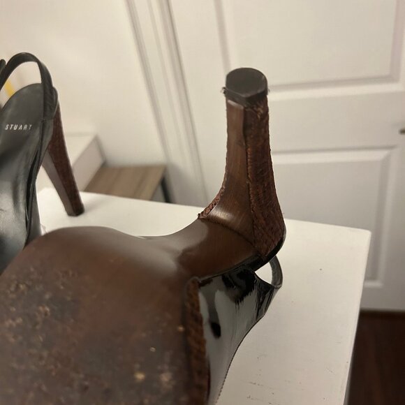 Stuart Weitzman Women's Peep Toe Black Patent Leather Platform Heels - Picture 10 of 14